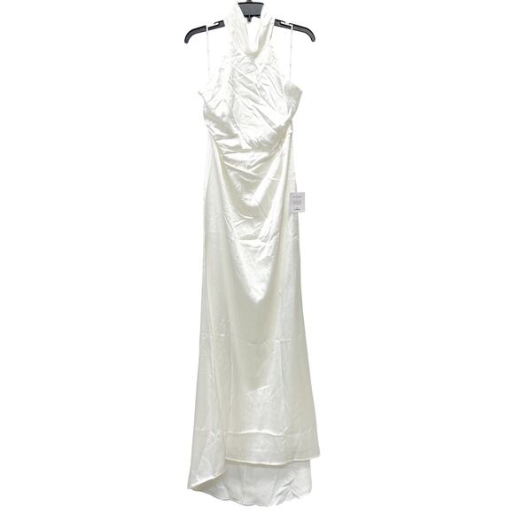 Lulus Women's Luxe Destiny White Satin Backless Halter Mermaid Maxi Dress Medium - Picture 2 of 9
